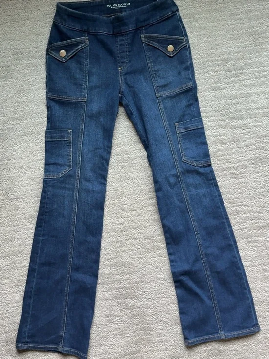 Chico's Dark Blue Pull-On Bootcut Jeans with Cargo Pockets - Picture 1 of 3